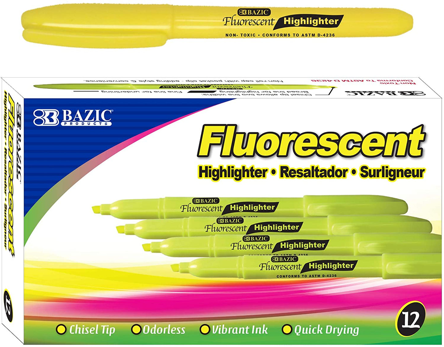 Yellow Color Pen Style Fluorescent Highlighter w/Pocket Clip, Unscented Quick Dry (12/Pack)