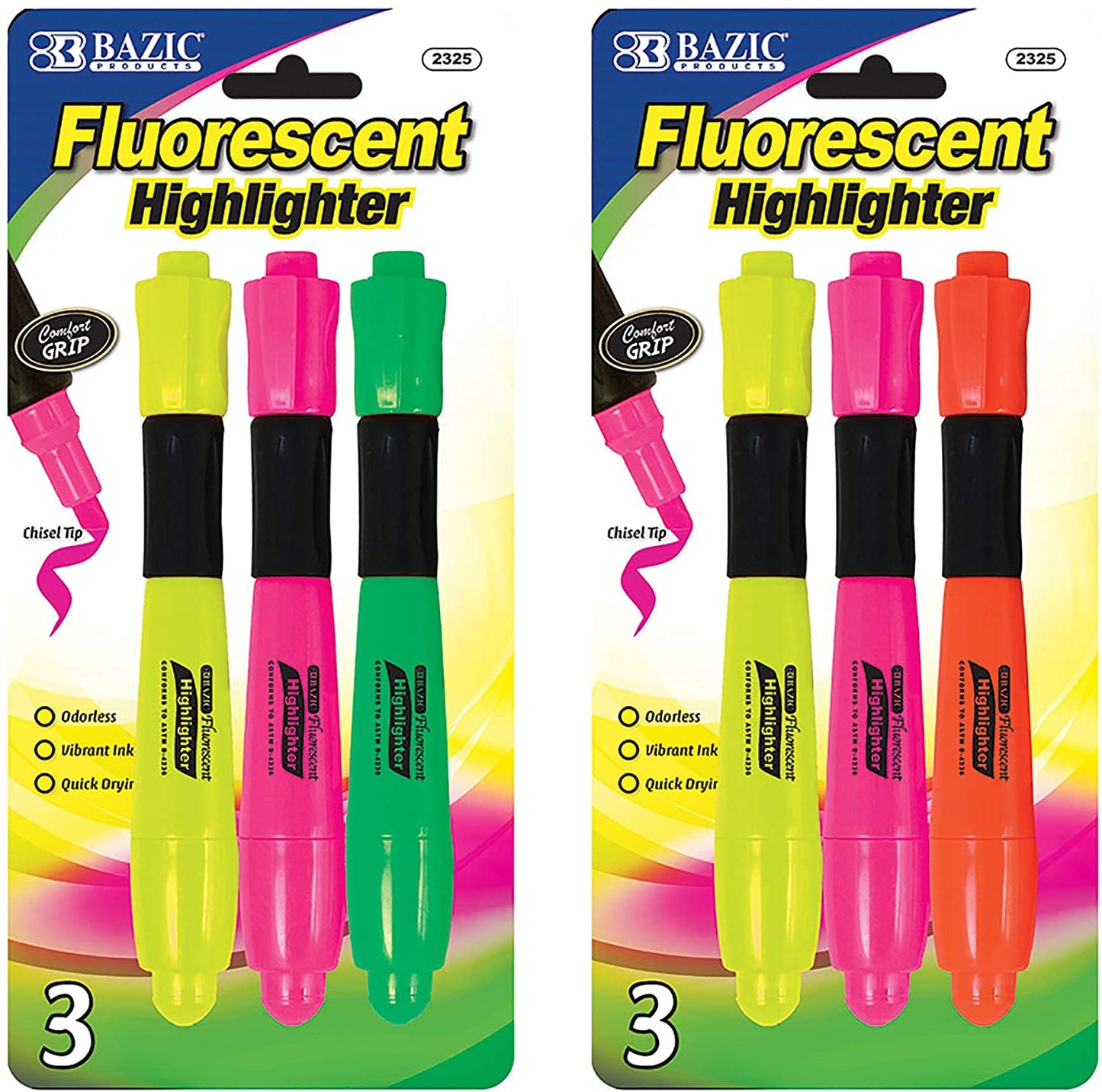 Assorted Desk Style Neon Highlighters w/ Cushion Grip, Unscented Quick Dry (3/Pack)