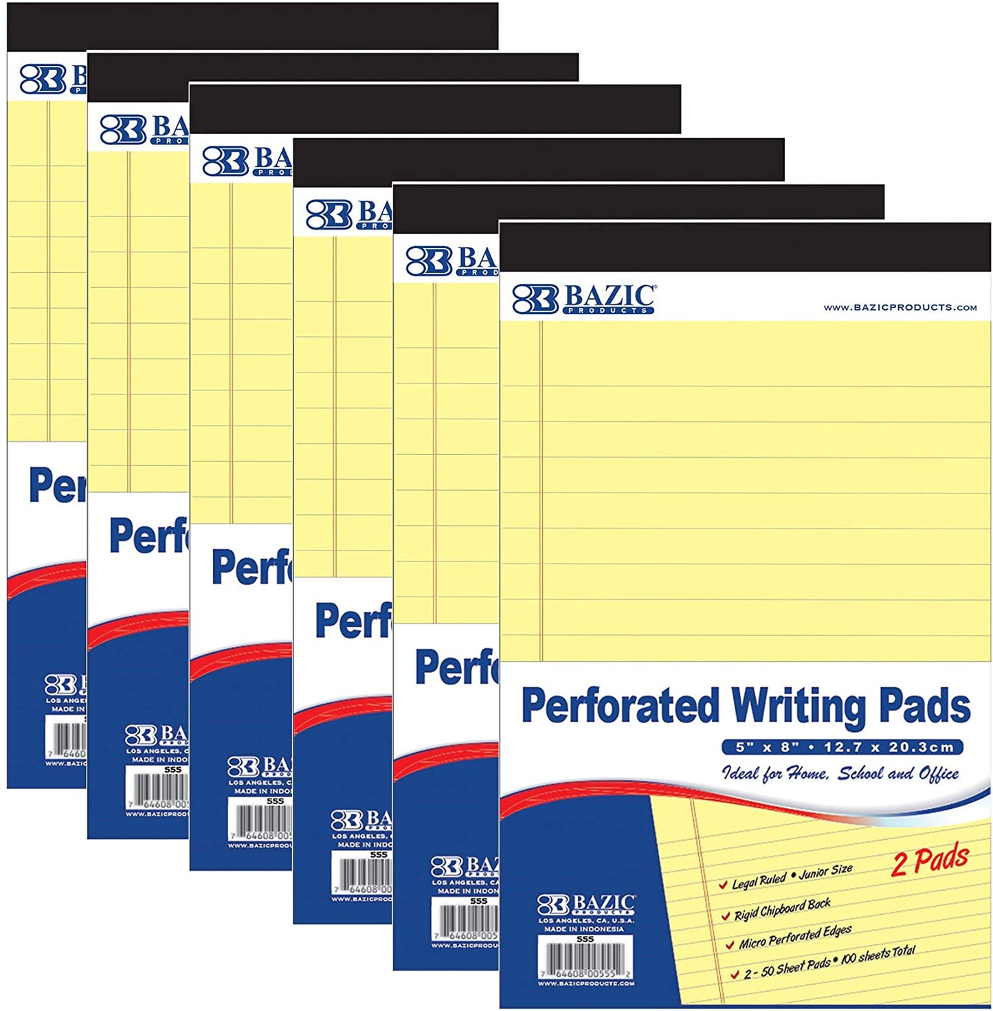 BAZIC 50 Ct. 5" X 8" Canary Jr. Perforated Writing Pad, Lined Ruled Memo Writing Papers Pads, Note Paper for Taking Notes, Yellow(2/Pack), 6-Pack (Total 12 Pads).