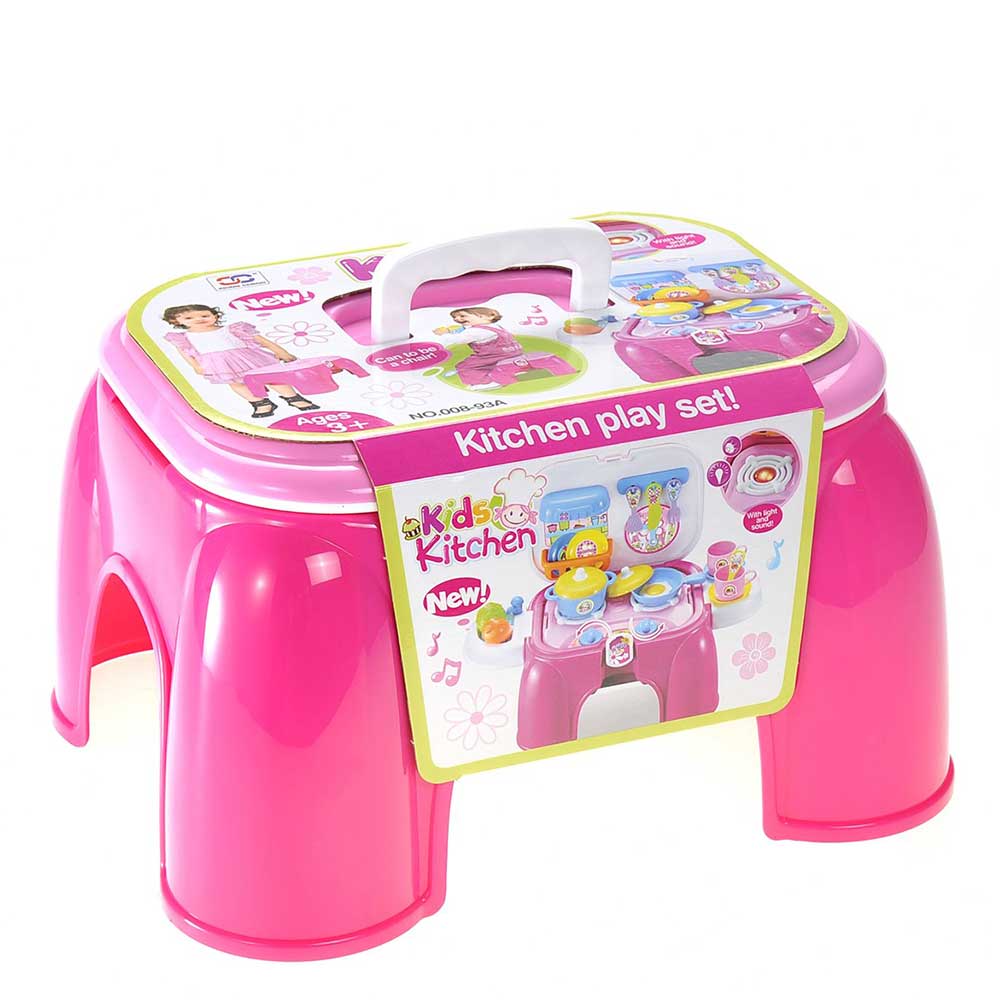 Portable Kids Kitchen Cooking Set Toy With Lights And Sounds, Folds Into Step Stool