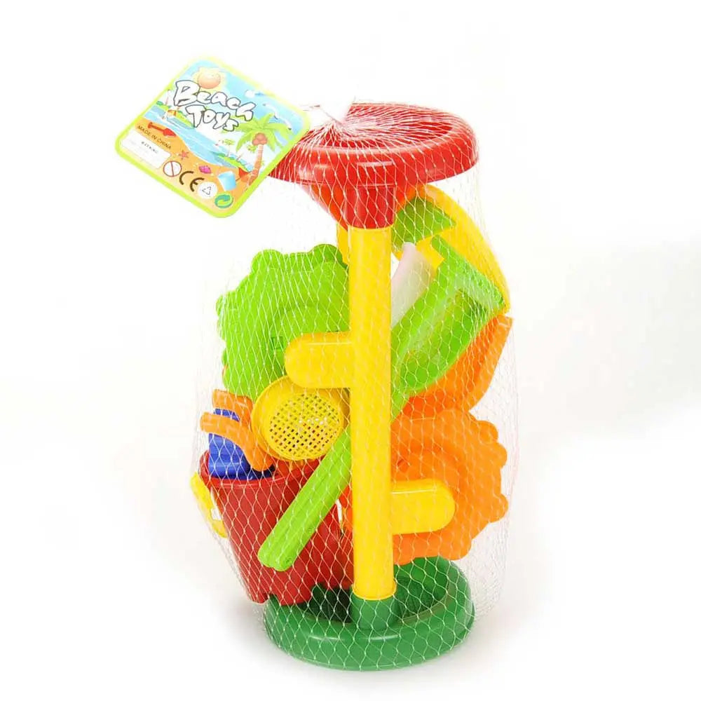 Double Sand Wheel Beach Toy Set With Bucket, Shovels, Rakes, Sailboat, And 3 Molds G8Central