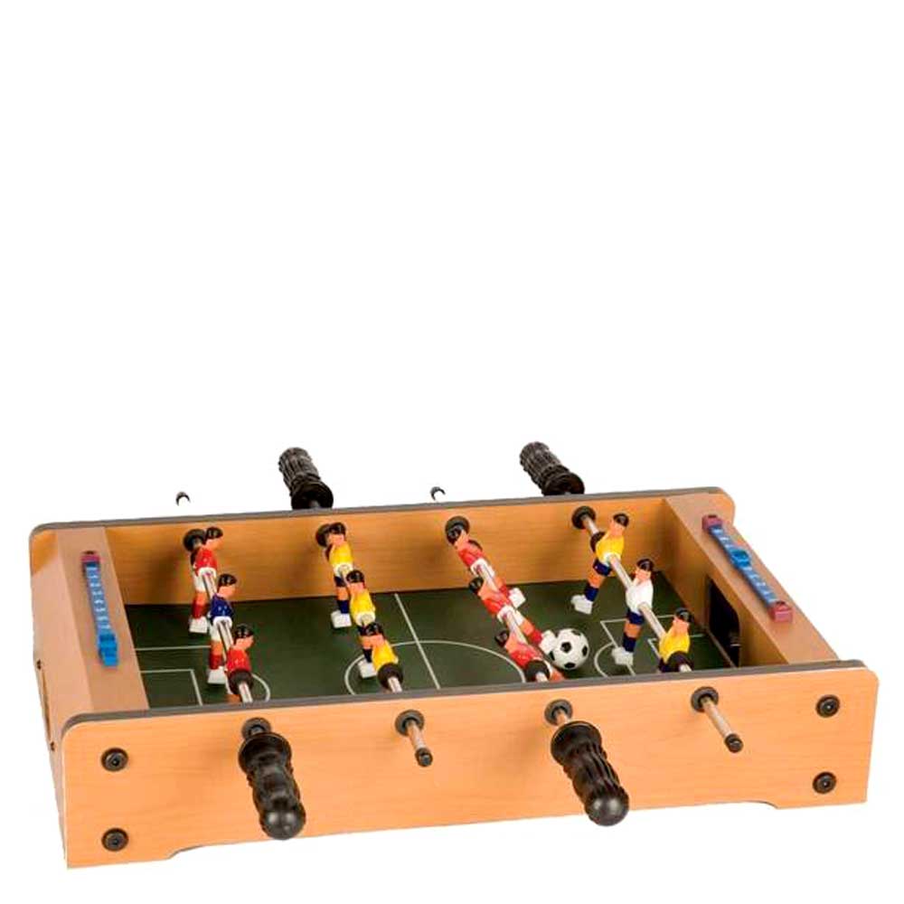 A 20 inch mini wooden foosball tabletop game with six mini players on each team and two soccer balls.