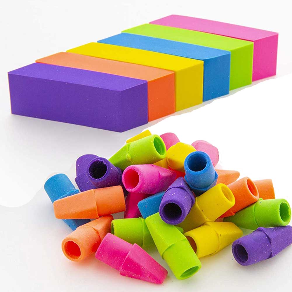 Neon Eraser Sets, Pencil Top + Block Bevel Erasers.
