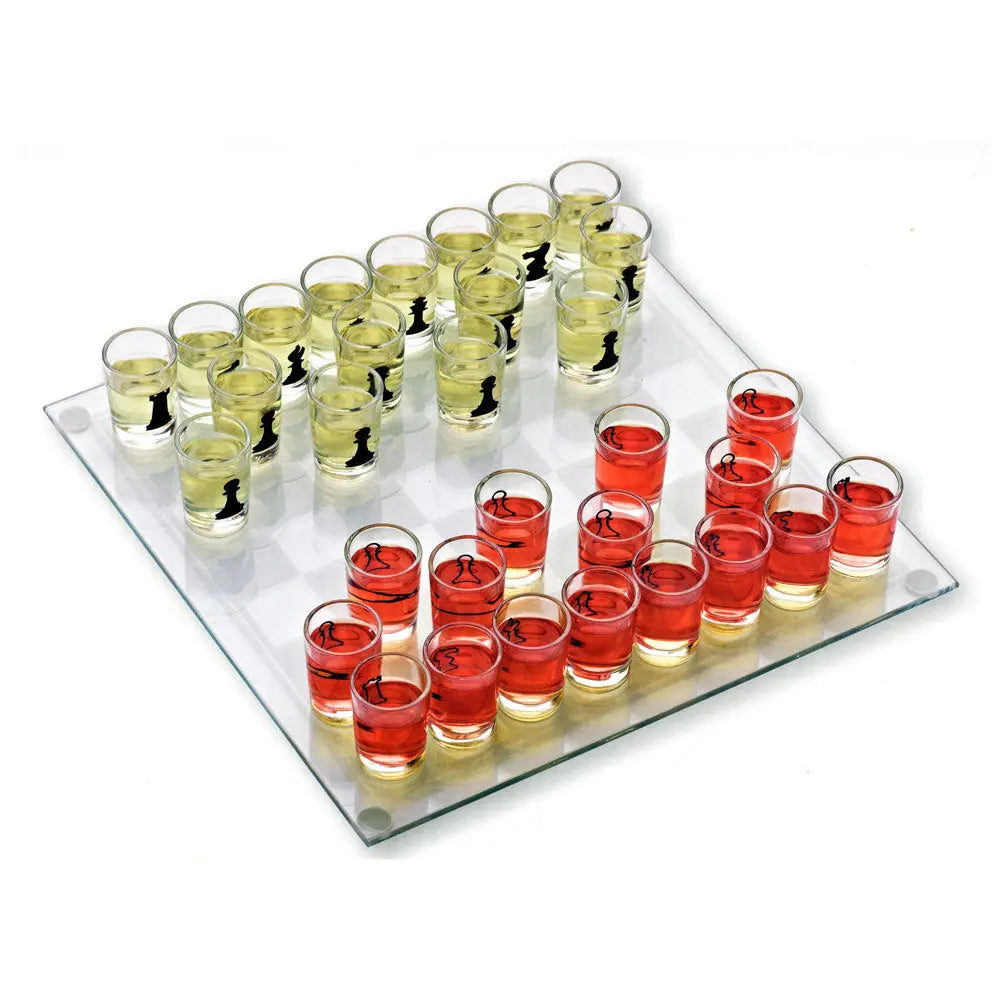 A set of 32 mini shot glasses in various colors placed on a clear glass board, designed to be used as a drinking game with a chess board layout.