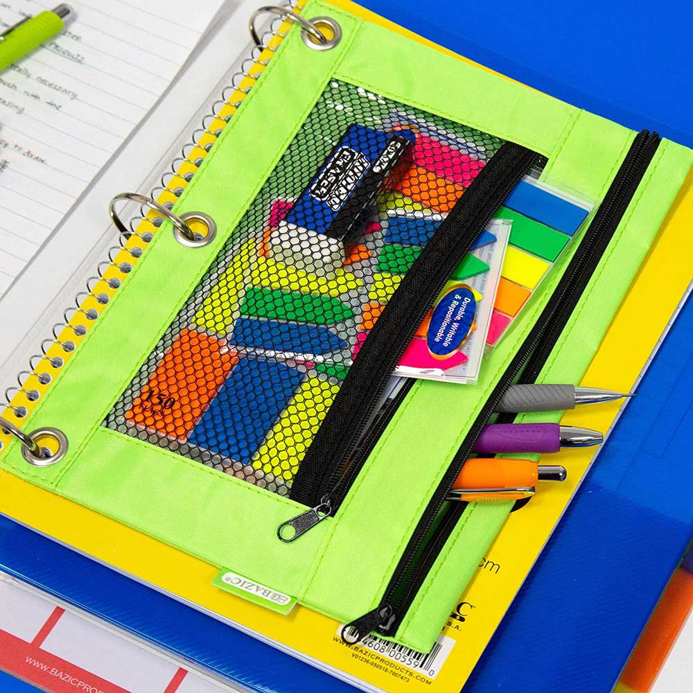 Double Zipper Pencil Pouch w/Mesh Window Fit 3-Ring Binder Assorted Color.