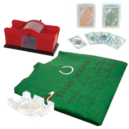 Blackjack & Texas Hold'Em Set: Transparent Playing Cards, Card Shuffler, Revolving Card Tray, & Layout